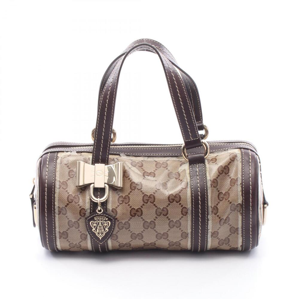 Gucci Crest Boston Bag GG Crystal Handbag Canvas Leather Beige Brown
